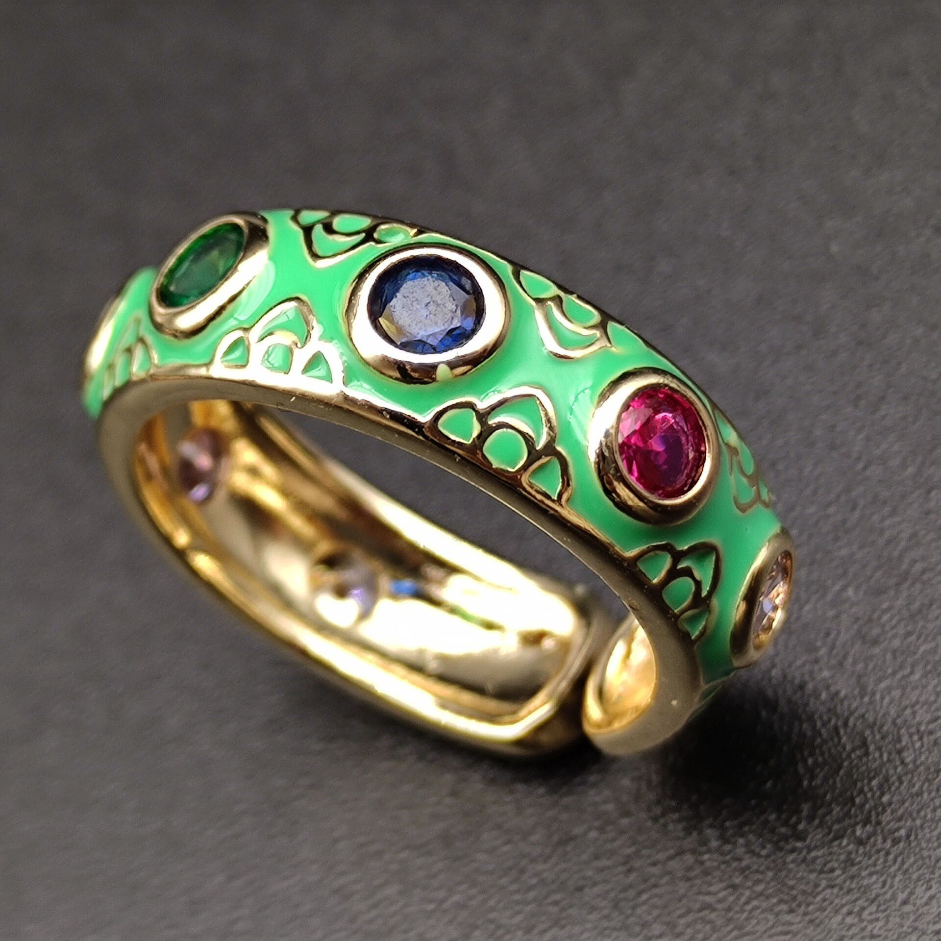 Fashion Round Copper Gold Plated Enamel Artificial Gemstones Rings 1 Piece