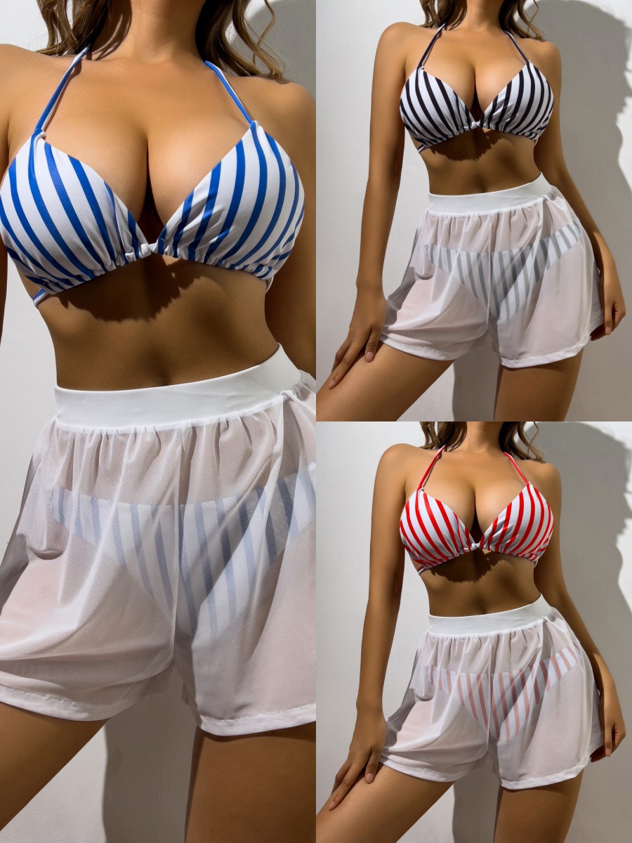 Frau Streifen 3-Teiliges Set Bikinis Bademode display picture 1