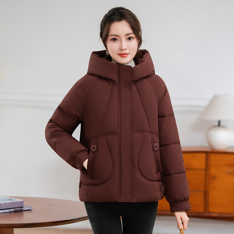 2025 invierno nuevo abrigo de algodón de pluma mujer corto encapuchado grueso abrigo de pan de moda abrigo de algodón abrigo de algodón