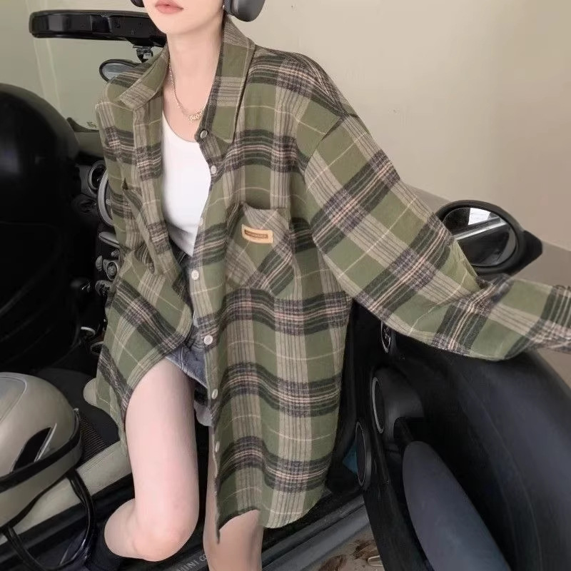 New original color woven plaid shirt for spring and autumn, women's outerwear, student style, niche top, casual, loose and lazy style coat