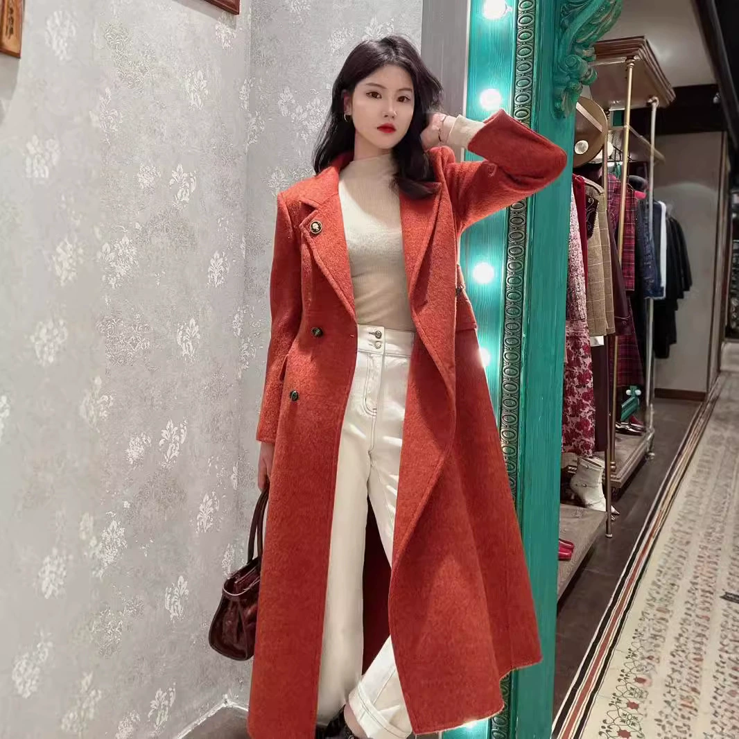 [Специальное предложение] 2025 фильм в том же стиле, рождественская красная шерстяная верхняя одежда средней длины, свободный силуэт, шерстяная верхняя одежда