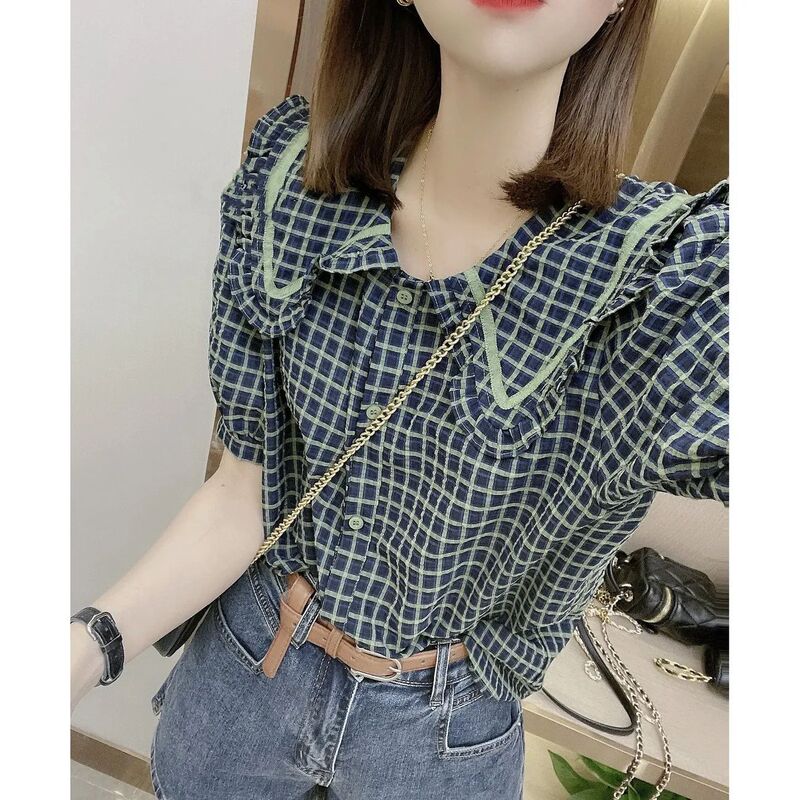 娃娃领泡泡袖格子衬衫女2025夏季新款设计感小众别致百搭上衣ins|undefined
