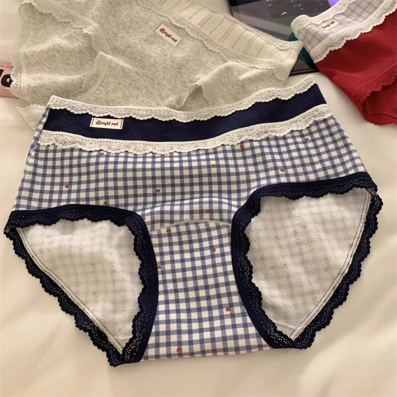 "Peach Heart Blue Checkered" 10A Antibacterial Cotton Extended Crotch Pure Cotton Underwear for Girls, Slightly Sweet Melody Pure Cotton Briefs