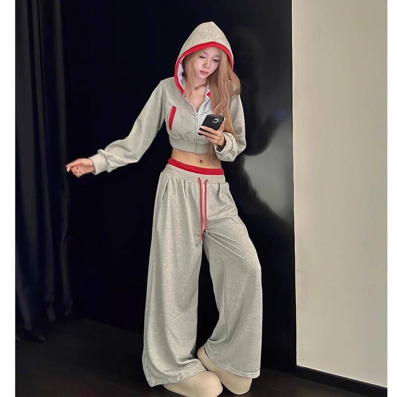 美式ins辣妹短款运动连帽卫衣套装女秋季韩版慵懒感可外穿家居服|undefined