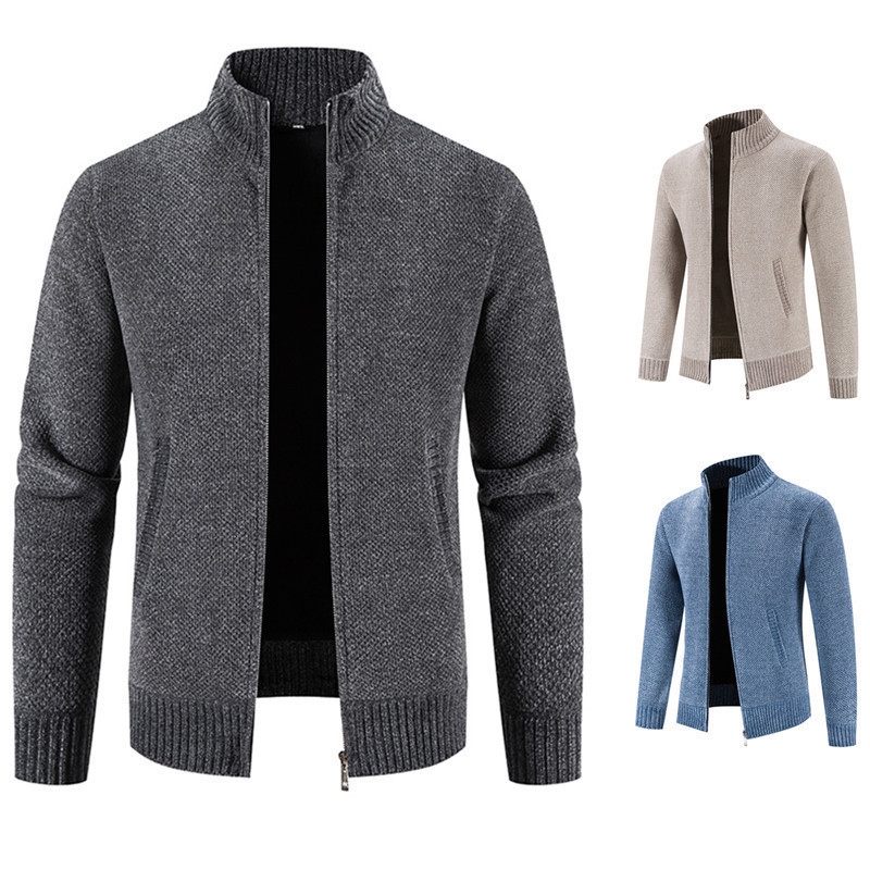 Velvet Sweater Men's Zipper Cardigan Plus Velvet Sweater Slim Stand Collar Jacket Solid Color Sweater Jacket