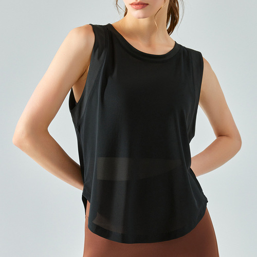 Summer new mesh splicing sports vest for women, loose, seamless, breathable, loose blouse, running fitness yoga wear