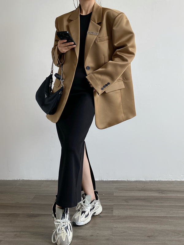 现货缎面光泽感小西装外套女2024春秋一粒扣垫肩西服|undefined