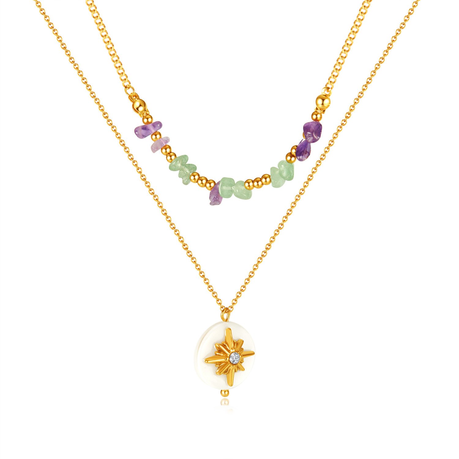 European and American Double Layered Natural Stone Necklace with High Grade Feeling Beimu Octagonal Star Pendant Stainless Steel Necklace for Women_voghion.com
