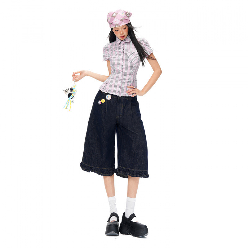 26Th Ootd! Ruffled Edge Deep Blue Denim Capri Pants with Low Waist, Loose Fit, Unique Design, and Slight Flare