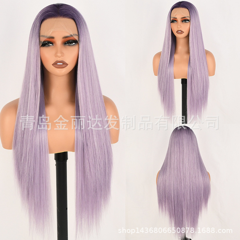 Foreign Trade Export Wig Gradient Purple Long Straight Hair Hand Hook Front Lace Chemical Fiber Wig Headgear for Women Factory Direct Sale