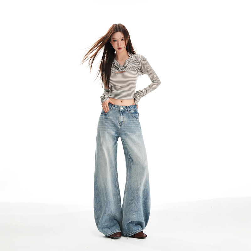 Washed Light Blue Scimitar Straight Jeans Women's Spring & Fall New Casual Pants Slimming Look Loose Wide-Leg Pants