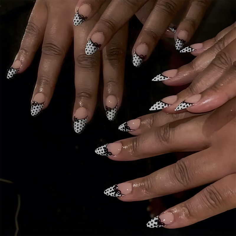 Wearable Nails, High-End Nail Pieces, Manicure, Black Dots, Black Bows, French Long and Short Fake Nails, Finished Nail Pieces