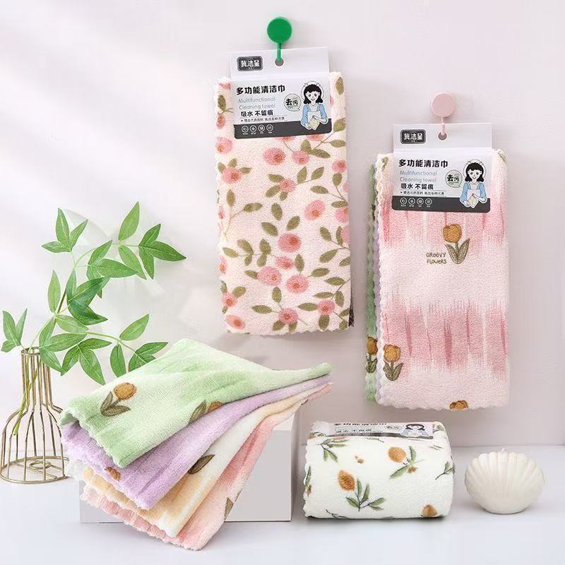 珊瑚绒印花方巾多图案可选30*30海棠花切花边厨房清洁抹布|undefined