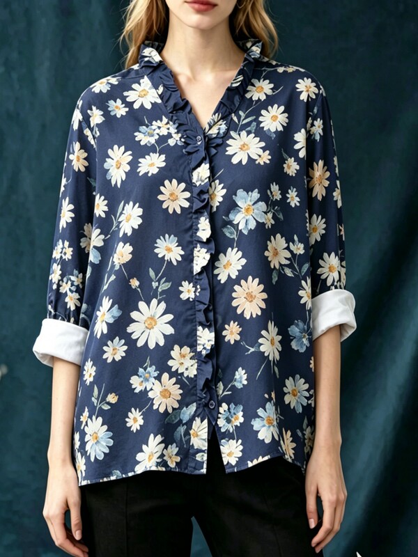 Loose Drapey Straight-Cut Long-Sleeve Shirt with Ruffled Edges, V-Neck, Slimming and Flattering for Work, Daisy Print Top