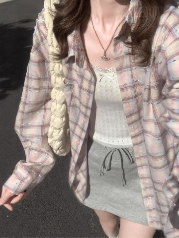 2025新款粉格织带小众设计感长袖粉色衬衫女秋季宽松休闲格子上衣|undefined