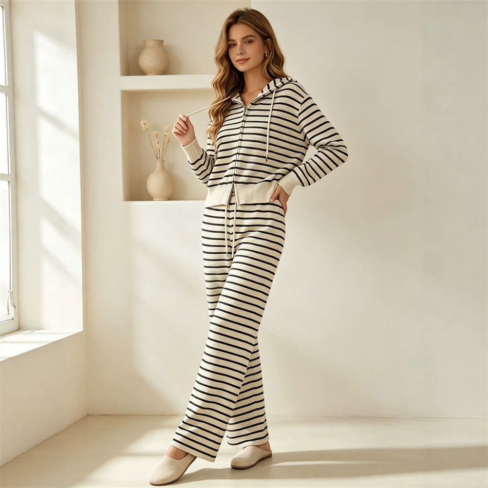 Korean-style casual striped hooded long-sleeve sweater jacket for women, new autumn and winter knitted casual wide-leg pants two-piece set