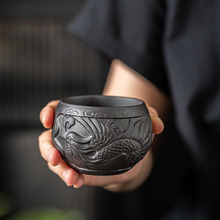 中式紫砂茶杯功夫茶具复古主人杯品茗杯陶瓷国风浮雕龙凤杯大容量
