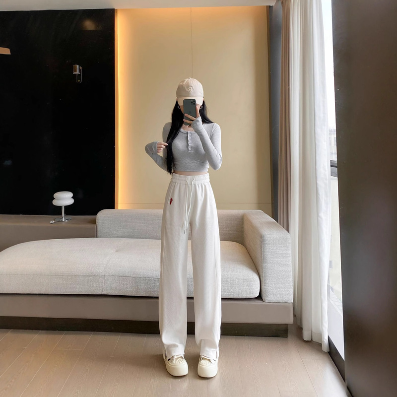 Chenille Wide-Leg Pants with High Waist, Casual Pants with Original Embroidery, Split Hem, Straight-Leg Pants with Elastic Waist