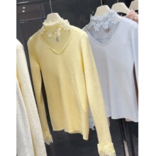 纯欲蕾丝拼接网纱v领毛针织衫女2025秋冬新款修身弹力打底衫上衣