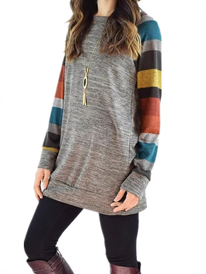 Amazon Cross-Border Best-Selling Plus-Size Spring and Autumn Women's Round-Neck T-Shirt, Loose Striped Print Raglan Sleeve Casual Sweatshirt
