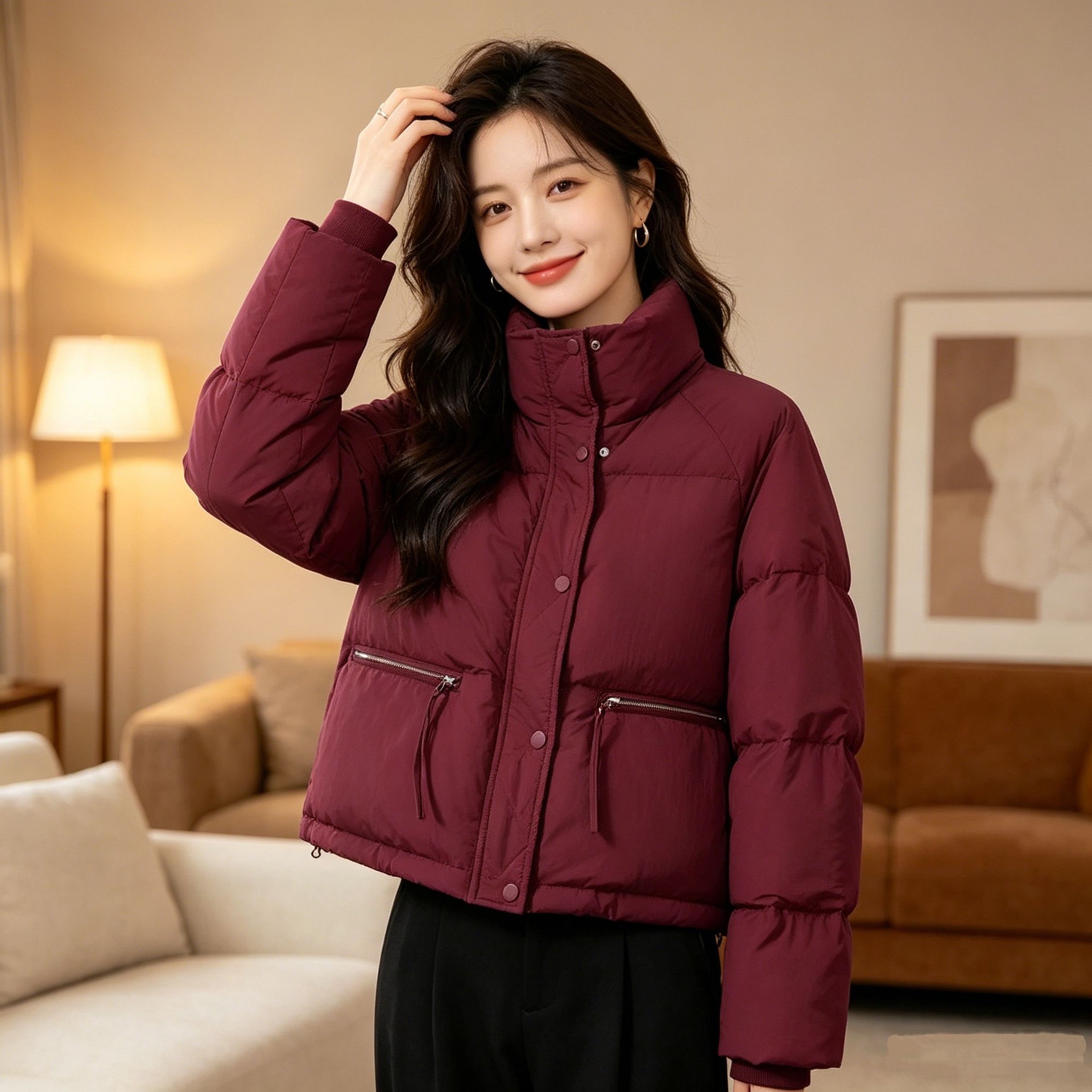 유럽과 미국 스타일 한국 스타일 짧은 수직 칼라 다운 코튼 패딩 코트 작은 여성의 간단한 느슨한 지퍼 빵 코트 코튼 코트