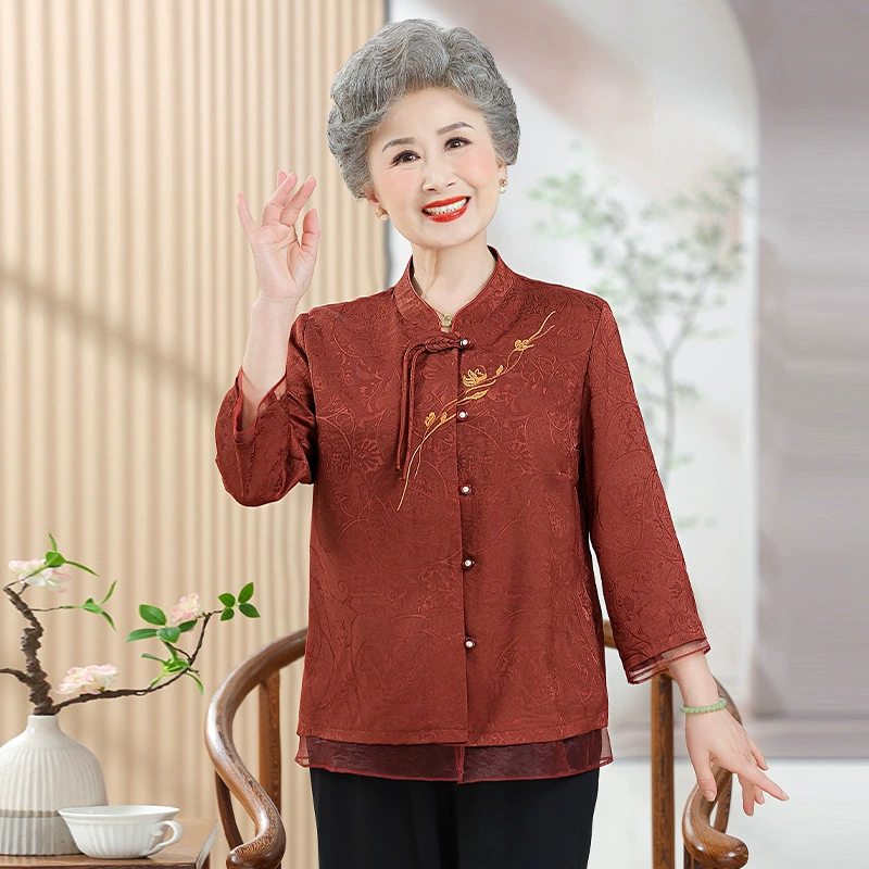 Новая летняя одежда для женщин среднего и пожилого возраста, одежда для мам, рубашки в китайском стиле, костюм Тан для бабушек 60 и 70 лет, свободная рубашка для старухи.