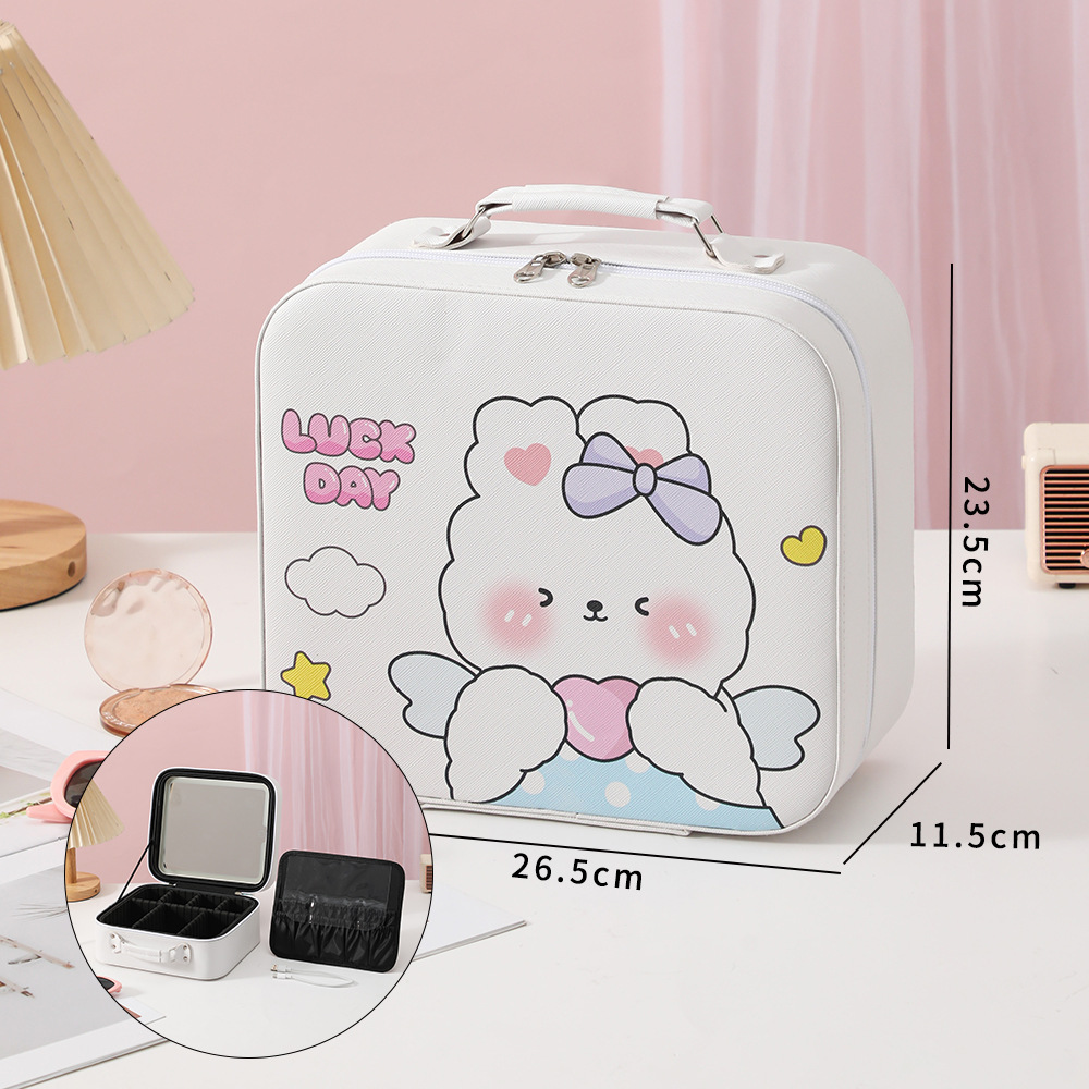 Nueva caja de maquillaje de dibujos animados con lámpara LED con partición maleta multifuncional portátil de gran capacidad de alto valor de maquillaje