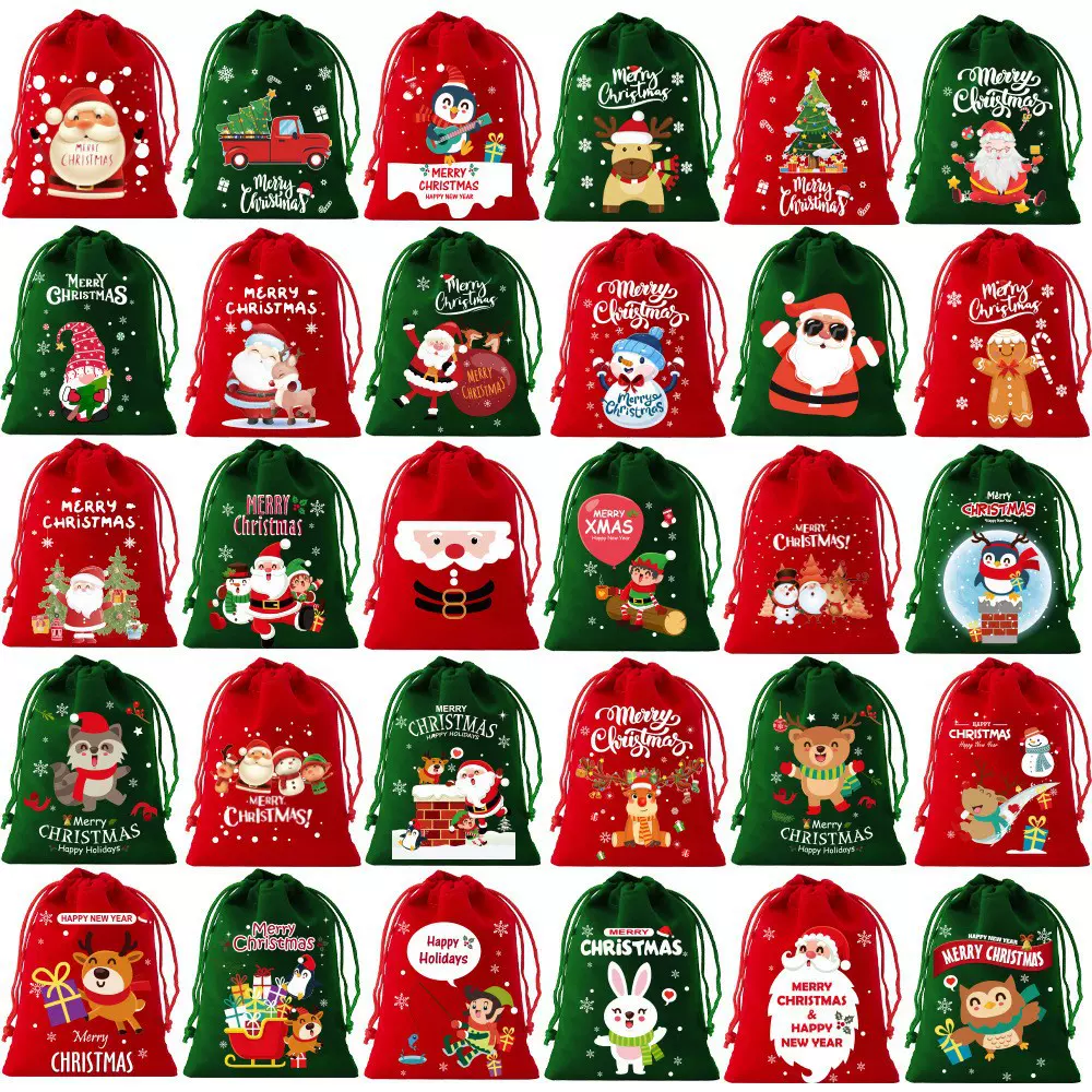 新款跨境新款圣诞绒布袋礼品袋苹果袋圣诞节糖果袋抽绳束口袋