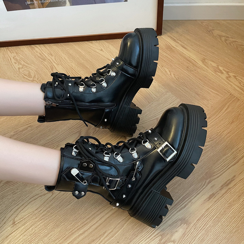 Cross-Border Punk Style Car Boots for Women with Rivets, Belt Buckles, Front Laces, Thick Heels, Short-Tube Sexy Martin Boots Wholesale