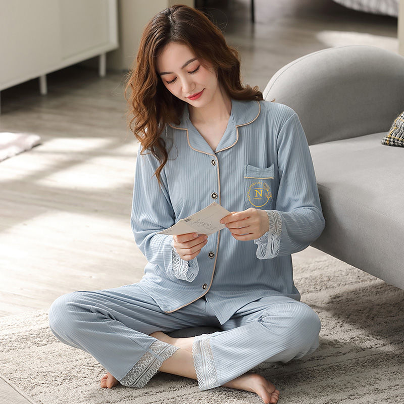 Pijamas de algodón puro Primavera y otoño de las mujeres de manga larga más tamaño cardigan traje de mediana edad y ancianos madre pijamas Otoño e Invierno