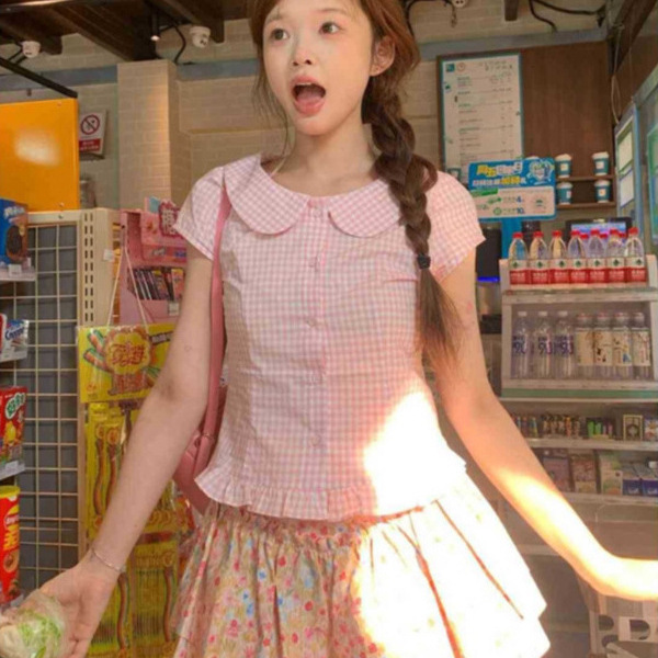 Dopamine Plaid Short-Sleeved Shirt for Women, Summer Wear, Doll Collar Shirt, Slim Fit, Slimming, Preppy Style, Sweet Top