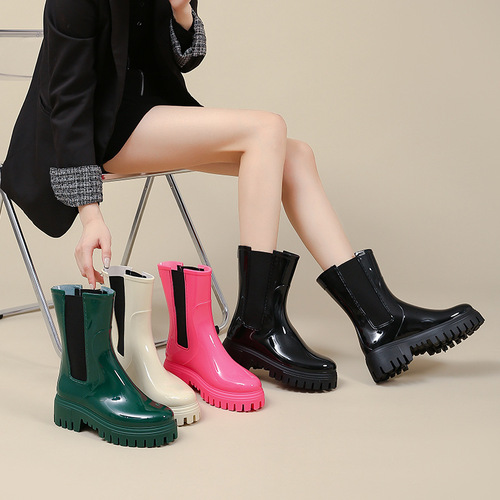 Cross-border fashion rain boots for women, adjustable elastic mouth, thick soles, wear-resistant water shoes, slip-proof kitchen rubber shoes, outdoor waterproof car washing shoes for women