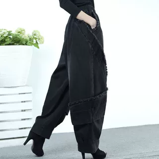 秋冬女士阔腿牛仔裤哈伦萝卜裤子宽松大码黑色显瘦时尚个性休闲裤