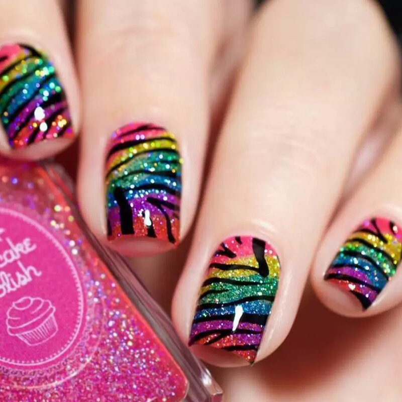 Foreign trade fake nails flash colorful zebra pattern wear armor French black stripes short square nail nail pieces wholesale