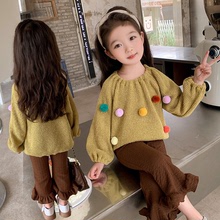 女童秋季新款套裝2023小女孩洋氣彩球毛衣兩件套時尚百搭一件代發