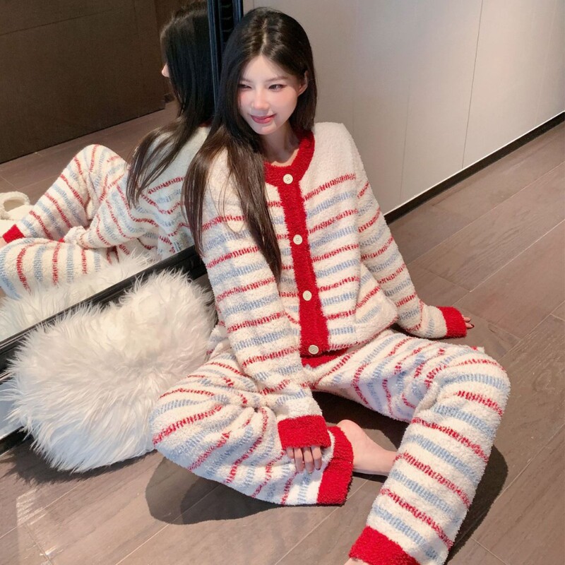 秋冬季半边绒睡衣女复古条纹红色本命年家居服开衫软绵绵加厚睡衣|undefined