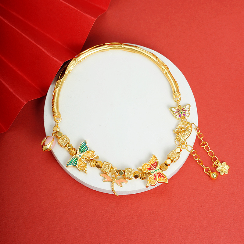New Chinese ancient gold bracelet retro palace wind oil butterfly dragonfly tassel half bracelet jewelry wholesale