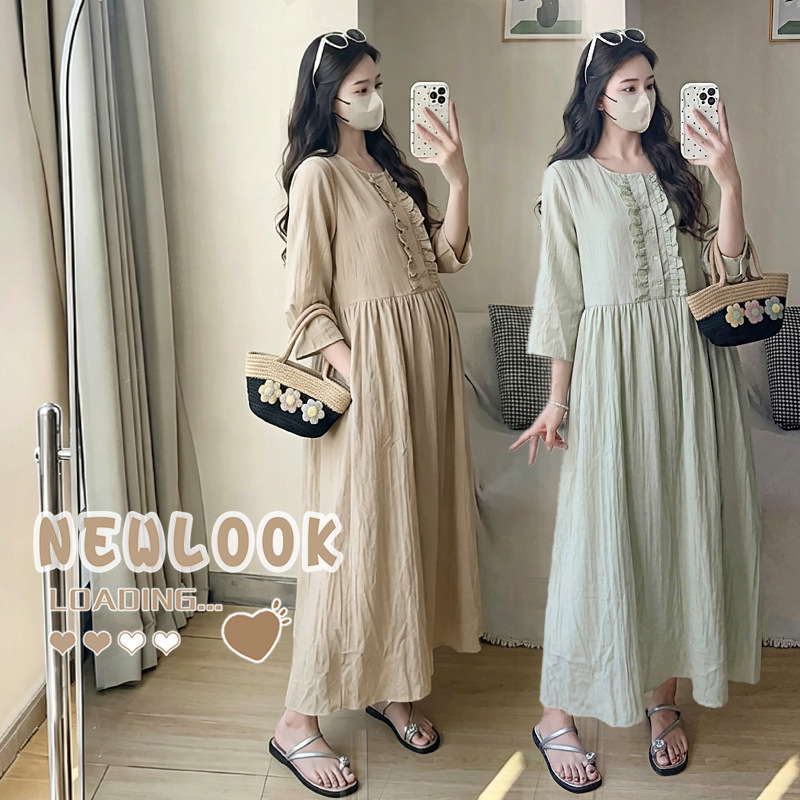 Skin-Friendly Linen Maternity Dress, Ramie Flowing Long Dress, Elegant Ruffled Round Neck, Three-Quarter Sleeve Maternity Dress Skin-Friendly Linen Maternity Dress, Ramie Flowing Long Dress, Elegant Ruffled Round Neck, Three-Quarter Sleeve Maternity Dress