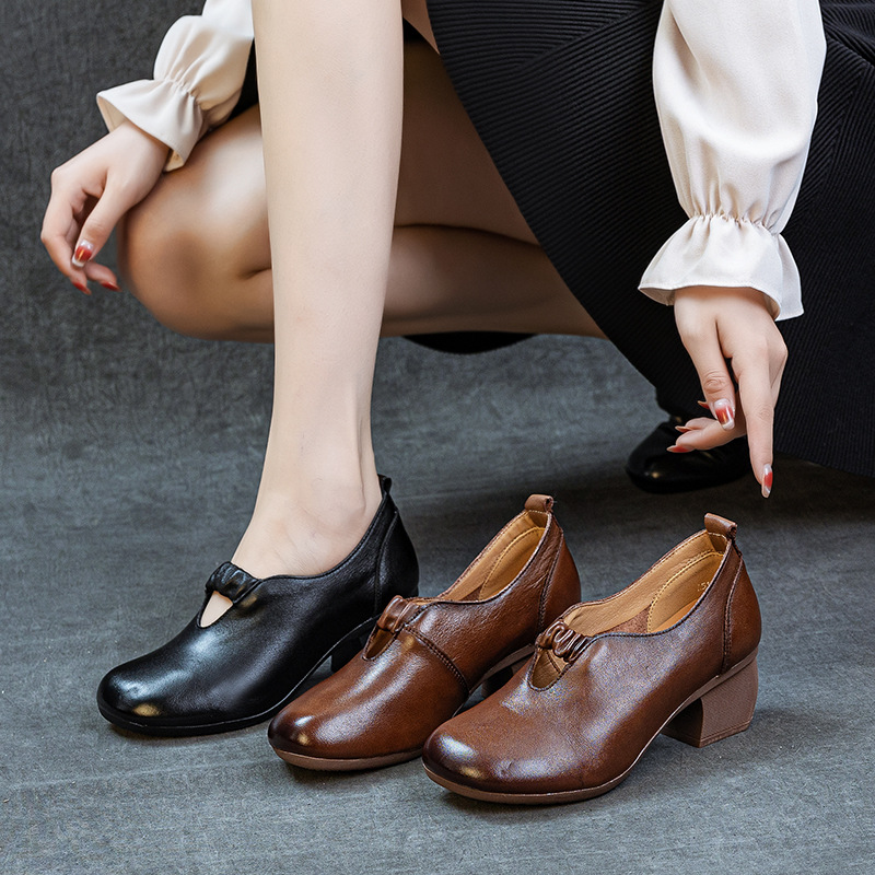 2025 Autumn New Genuine Leather Women's Shoes Retro Handmade Shoes Thick Heel Elastic Slip-On Deep Mouth Mom's Shoes