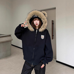 美式复古熊耳朵可拆卸大毛领连帽卫衣男女同款春秋季开衫夹克外套