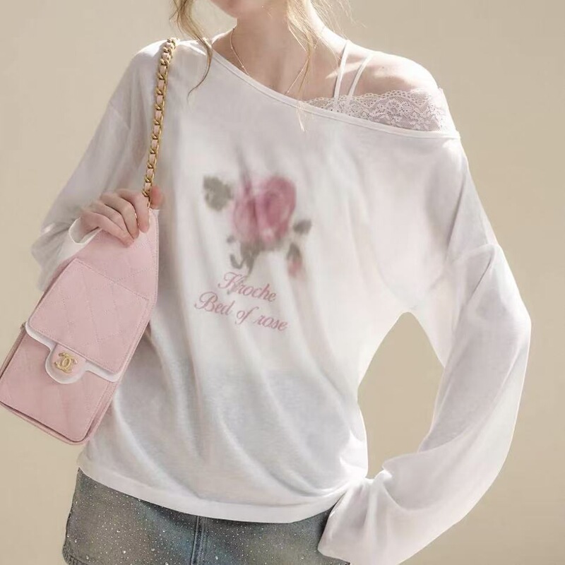 Rose print off-shoulder lace trim loose-fitting summer thin semi-transparent T-shirt blouse cloud top Rose print off-shoulder lace trim loose-fitting summer thin semi-transparent T-shirt blouse cloud top
