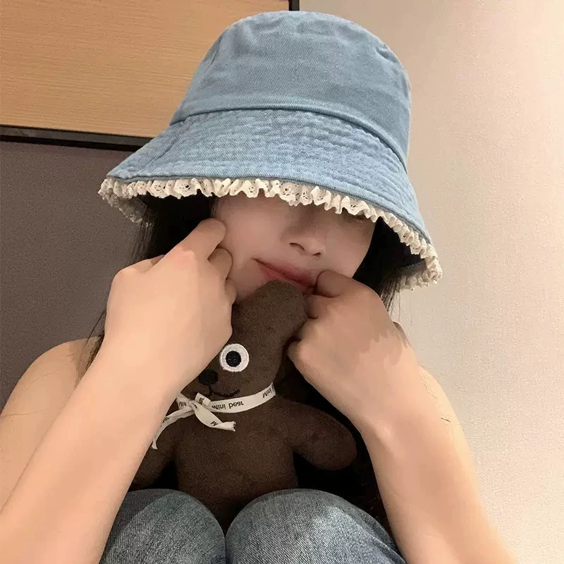Washed lace edge denim sun hat for women, versatile fisherman hat for spring and summer travel, anti-UV, face-showing small basin hat