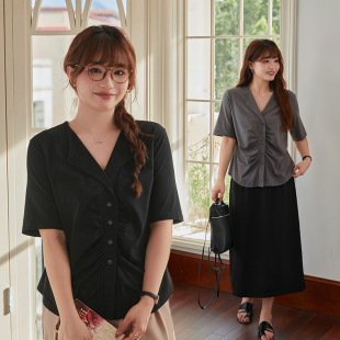 Plus Size Shirt Women's Design Niche Pleated Sense of Design Fat Girl to Reduce Age and Look Slimmer 100kg Fat mm Belly-Covering Shirt 339
