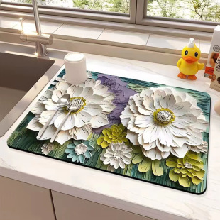 Oil painting style small flower bowl plate drying mat kitchen draining mat countertop diatom mud absorbent mat anti-scald pot mat heat insulation mat