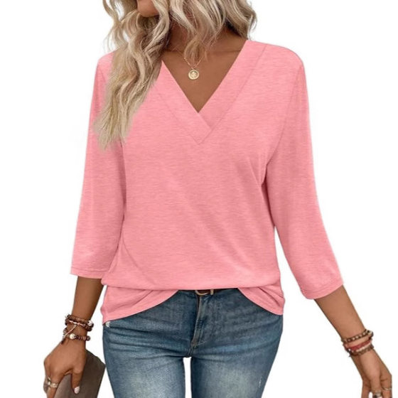 Amazon Women's V-neck 7-point Sleeve Top 2025 Spring New Foreign Trade Casual Women's Belted Knitted T-Shirt