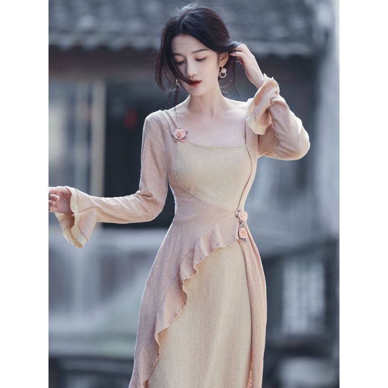 新中式连衣裙女装2023春夏新款时尚别致温柔仙女裙拼接设计感长裙