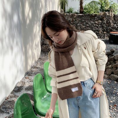 韩国东大门新款韩版条纹针织时尚百搭毛线围巾冬季情侣学生围脖潮