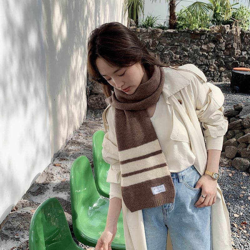 韩国东大门新款韩版条纹针织时尚百搭毛线围巾冬季情侣学生围脖潮
