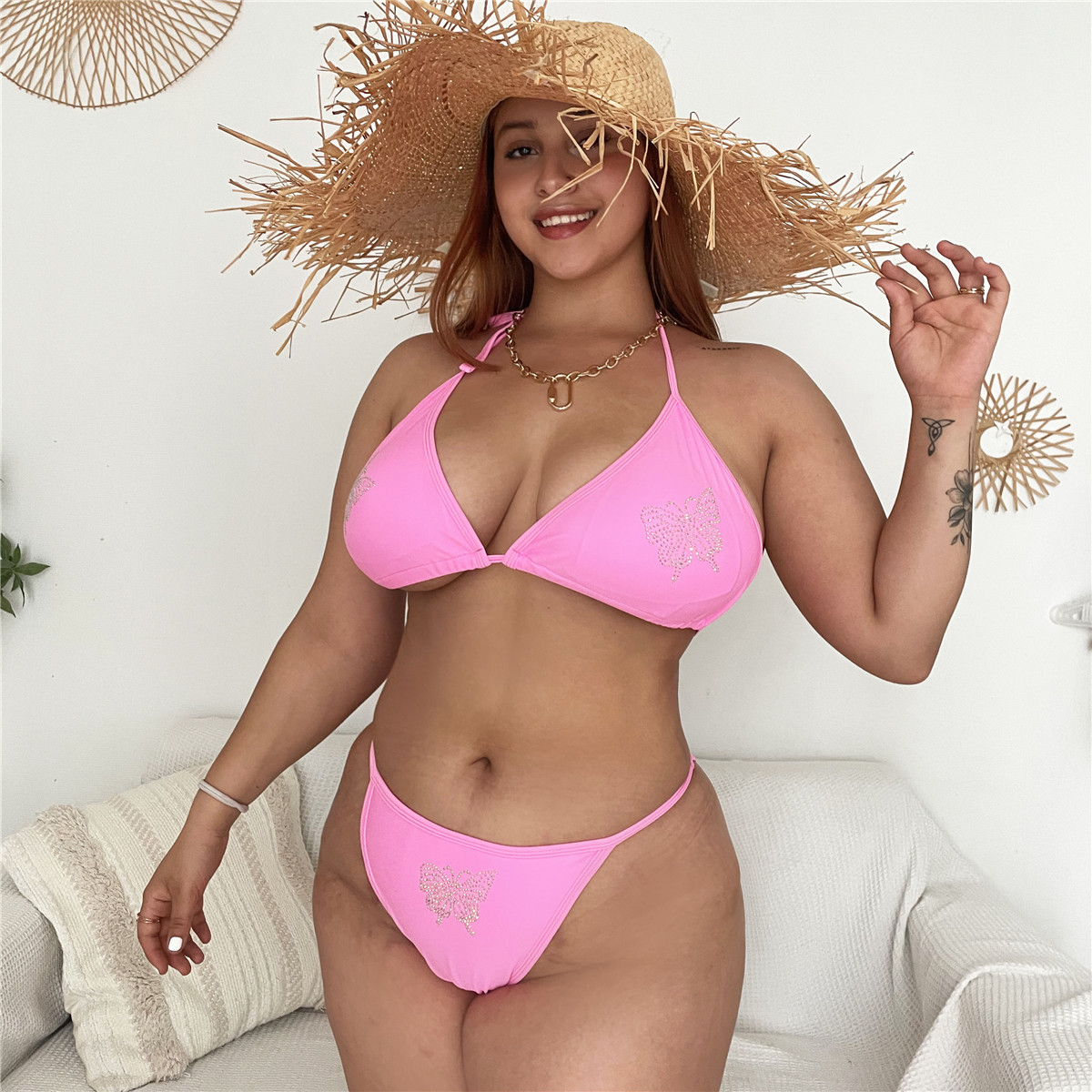Foreign Trade European And American Plus Rhinestone Strap Swimsuit Amazon Solid Color Large Size Bikini Zy066 Sexy_ecoleips.com