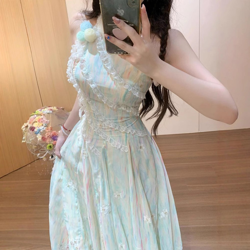 法式甜美绿色无袖不规则蕾丝挂脖式花朵连衣裙女夏新款氛围感长裙|undefined